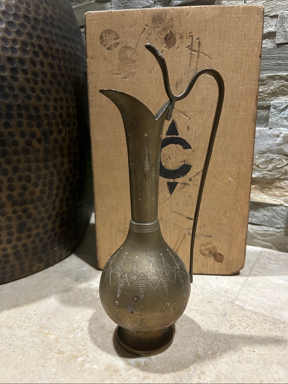 vintage hand-etched solid brass ewer or pitcher made in India